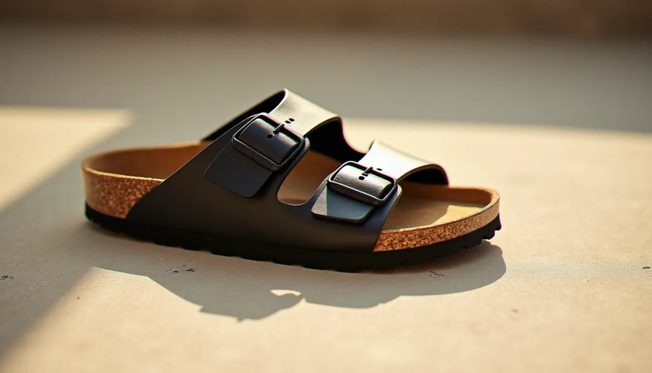 Sandale Birkenstock Madrid homme à sangle unique posée sur béton clair, semelle en liège visible, lumière naturelle