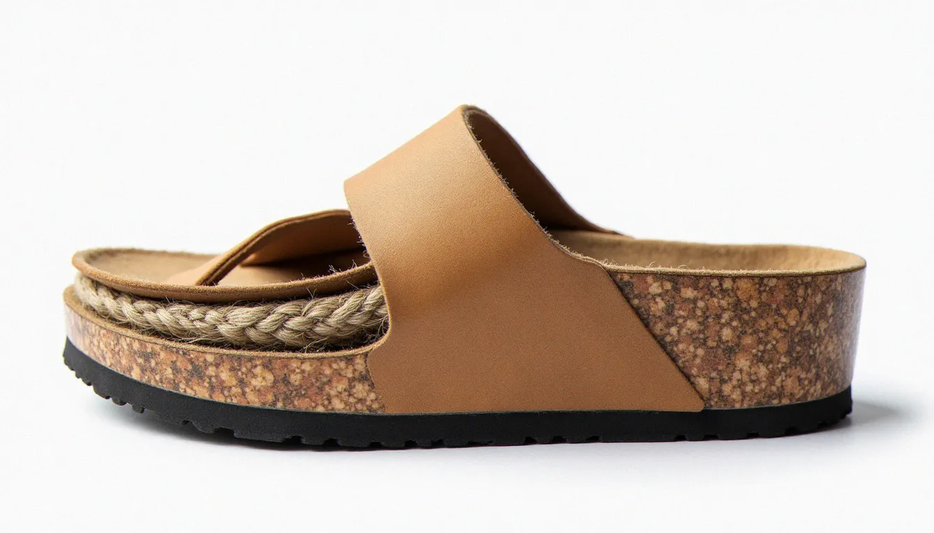 Vue de profil d'une sandale birkenstock papillio montrant les couches de la semelle compensée en liège, latex et jute
