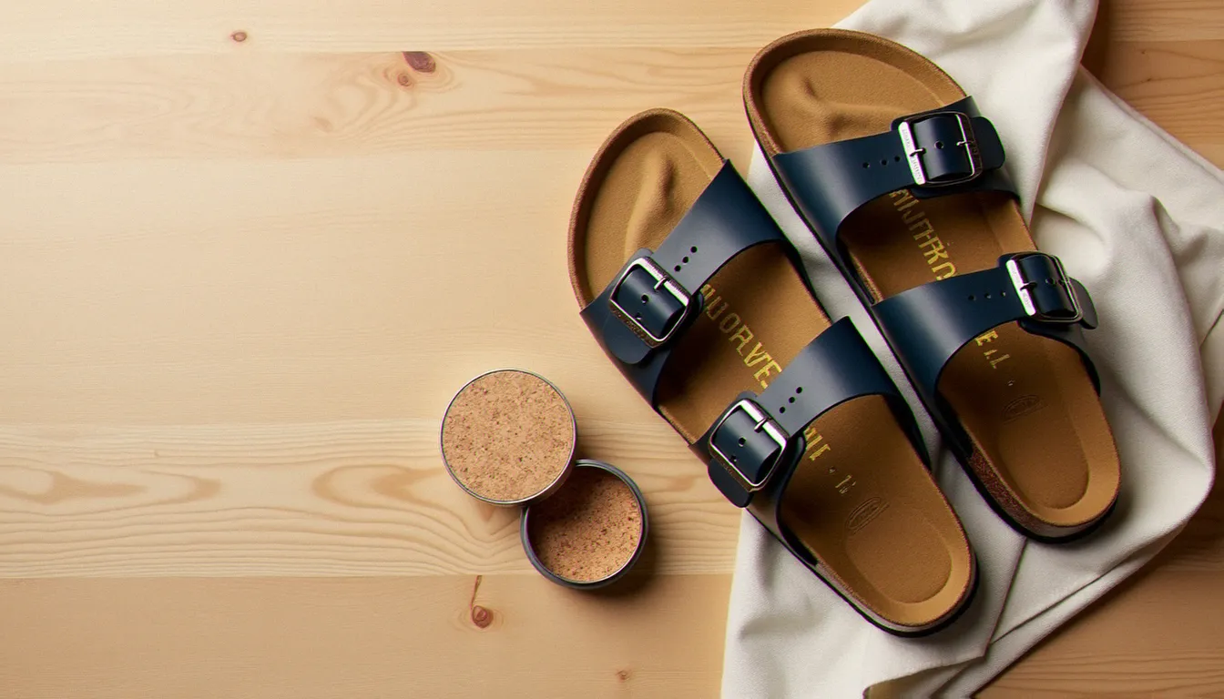 Vue du dessus de sandales birkenstock papillio posées avec des accessoires d'entretien du liège sur surface bois clair