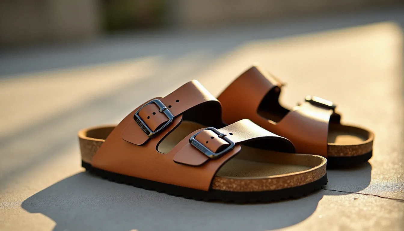 Paire de sandales birkenstock papillio compensées en cuir naturel sur surface béton claire, semelle liège visible de profil