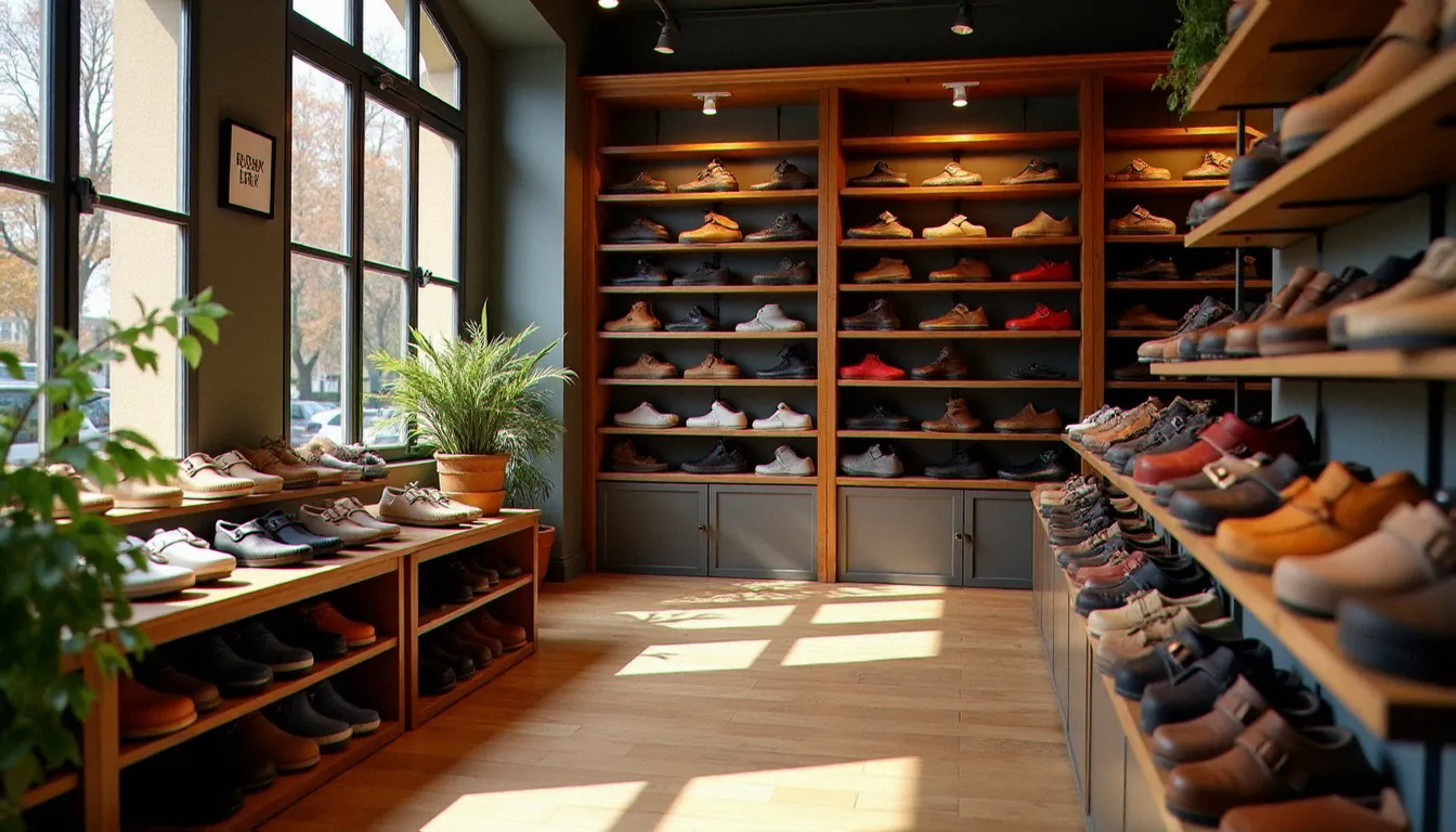 Rayon chaussures d'une boutique parisienne avec plusieurs modèles Birkenstock exposés sur des étagères en bois, lumière d'après-midi