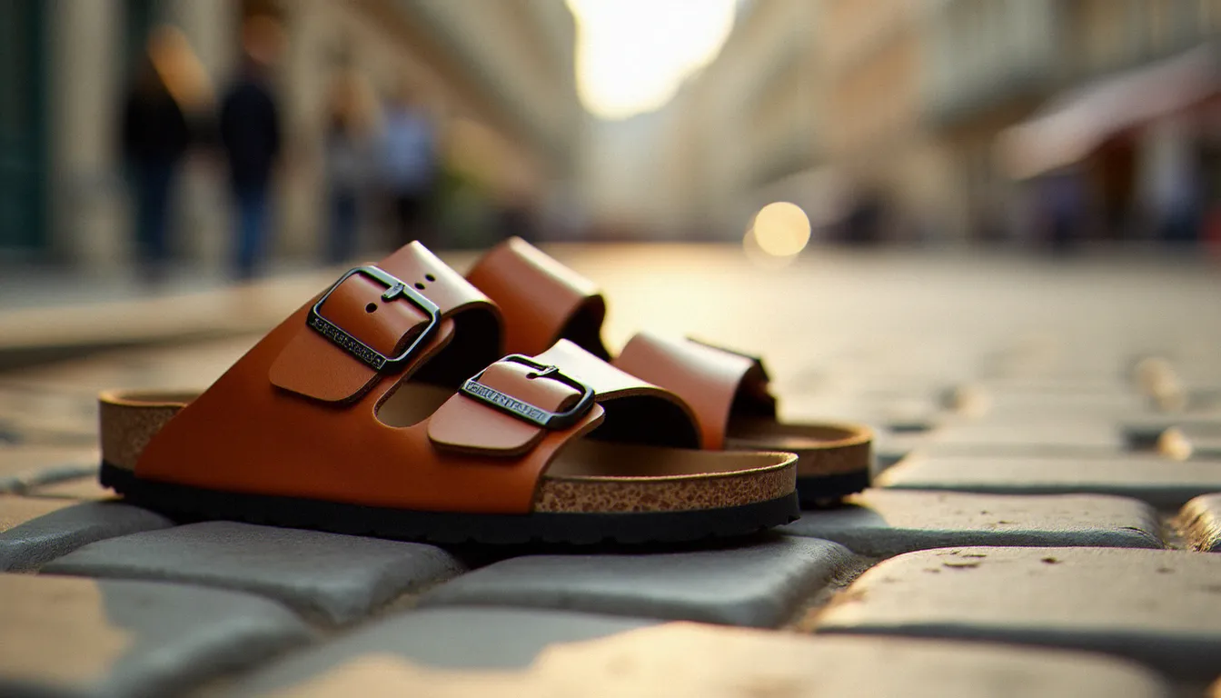 Sandales Birkenstock Arizona en cuir beige posées sur un pavé parisien, détail de la semelle en liège et des brides réglables