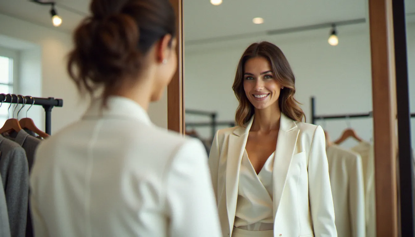 Essayage d'un blazer blanc femme devant un miroir en cabine, vérification de la couture d'épaule et de la coupe