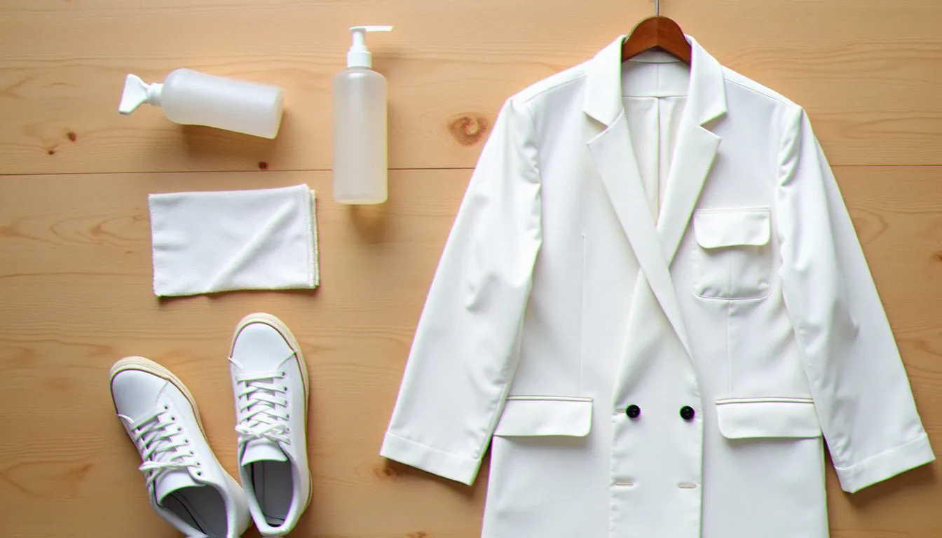Blazer blanc femme en lin posé à plat avec des sneakers blanches et des accessoires d'entretien textile sur une surface en bois clair