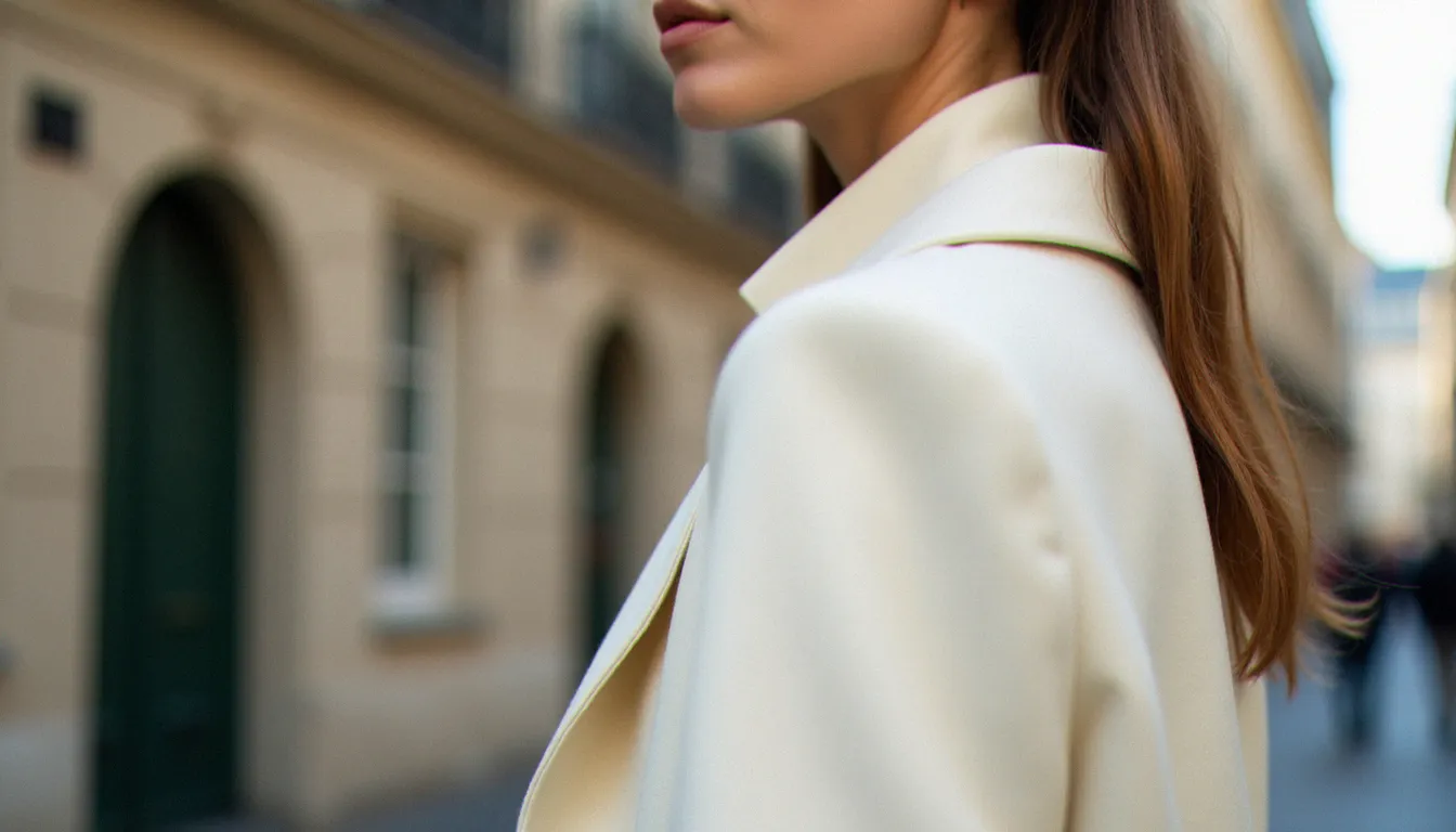 Blazer blanc femme en laine fine à coupe structurée, porté dans une rue parisienne en lumière naturelle douce