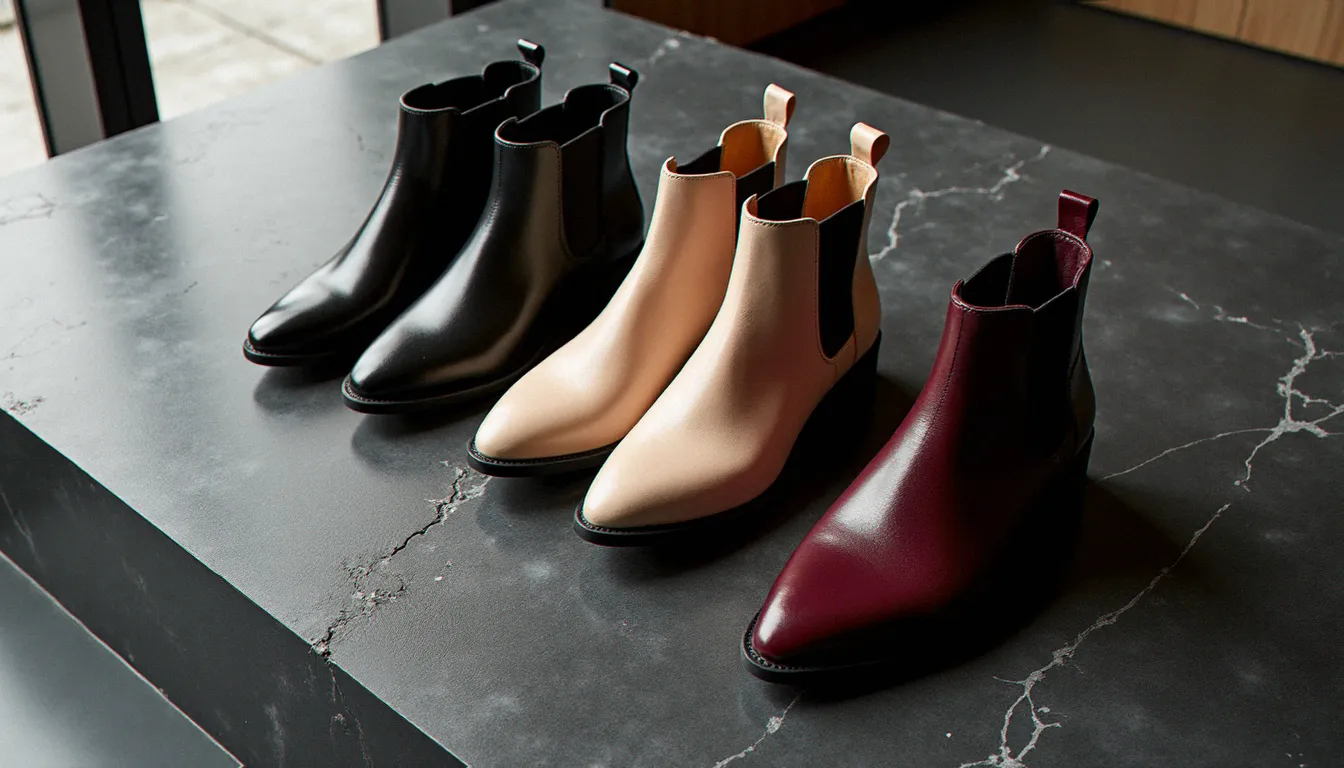 Plusieurs modèles de bottines Louboutin en cuir noir, beige et bordeaux posées à plat sur pierre grise, vue de dessus