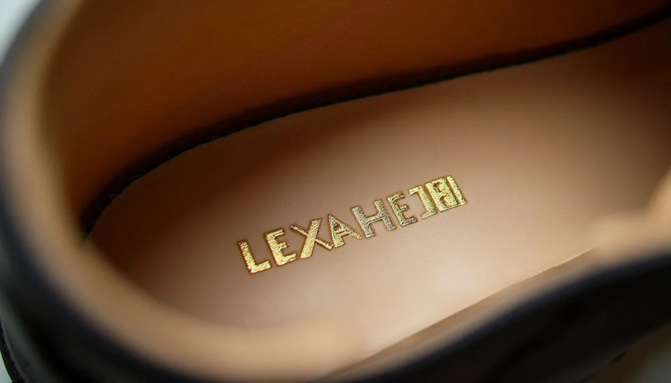 Gros plan sur la semelle intérieure en cuir beige d'une bottine Louboutin avec marquage doré gravé à chaud, détail d'authenticité