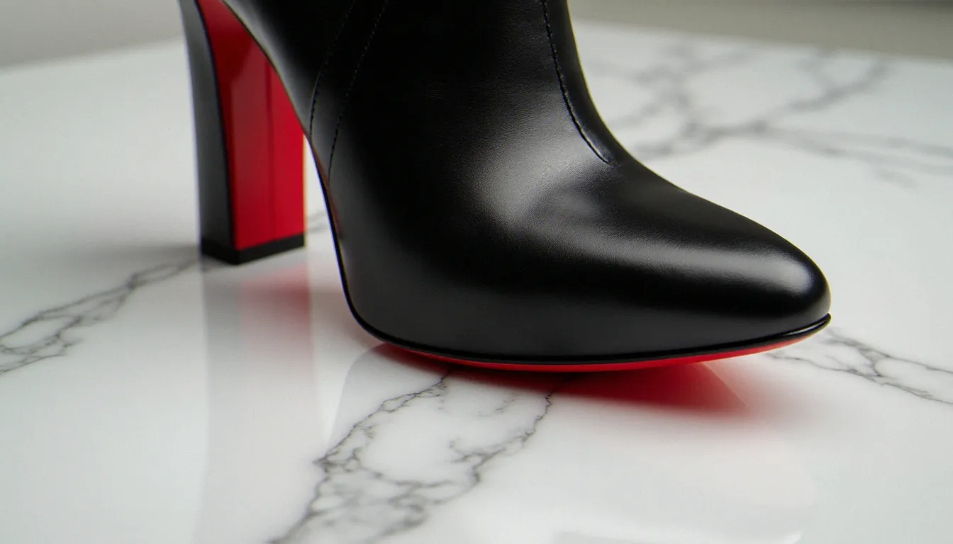 Bottine Louboutin en cuir noir avec semelle laquée rouge sur marbre blanc, vue de côté en lumière studio