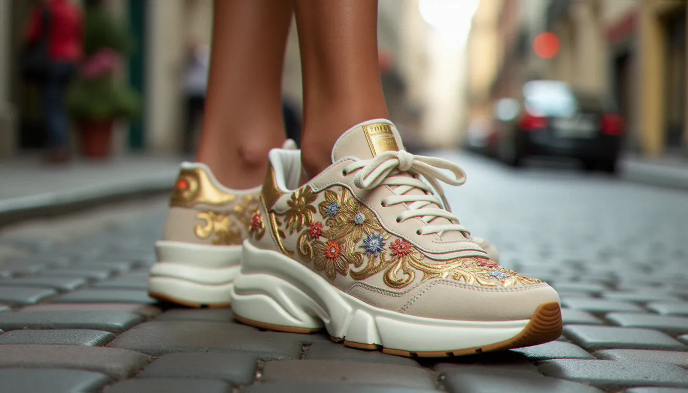 Sneaker de luxe brodée à semelle épaisse portée dans une rue pavée, lumière naturelle mettant en valeur les détails floraux du dessus de la chaussure