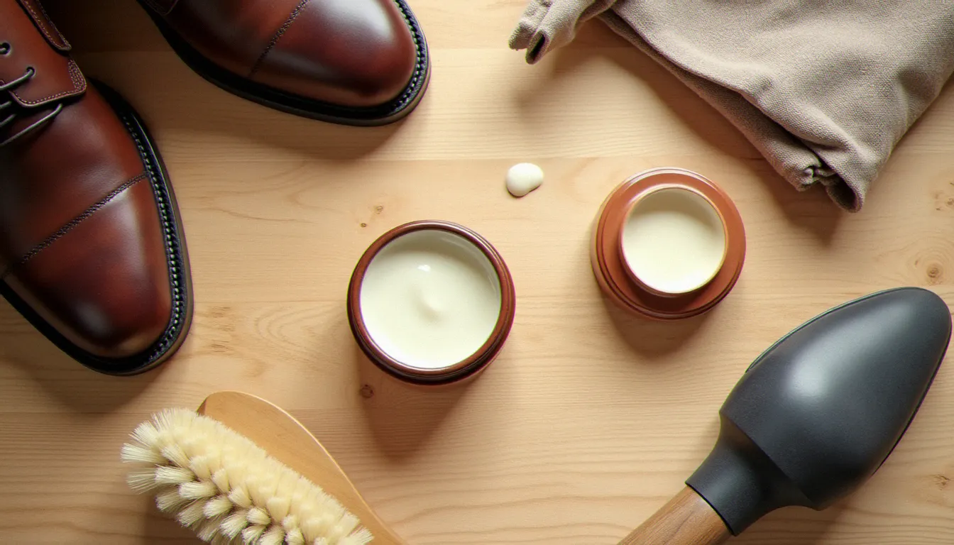 Produits d'entretien pour chaussures de luxe disposés sur une surface en bois clair : crème nourrissante, brosse naturelle et chiffon doux pour l'entretien du cuir