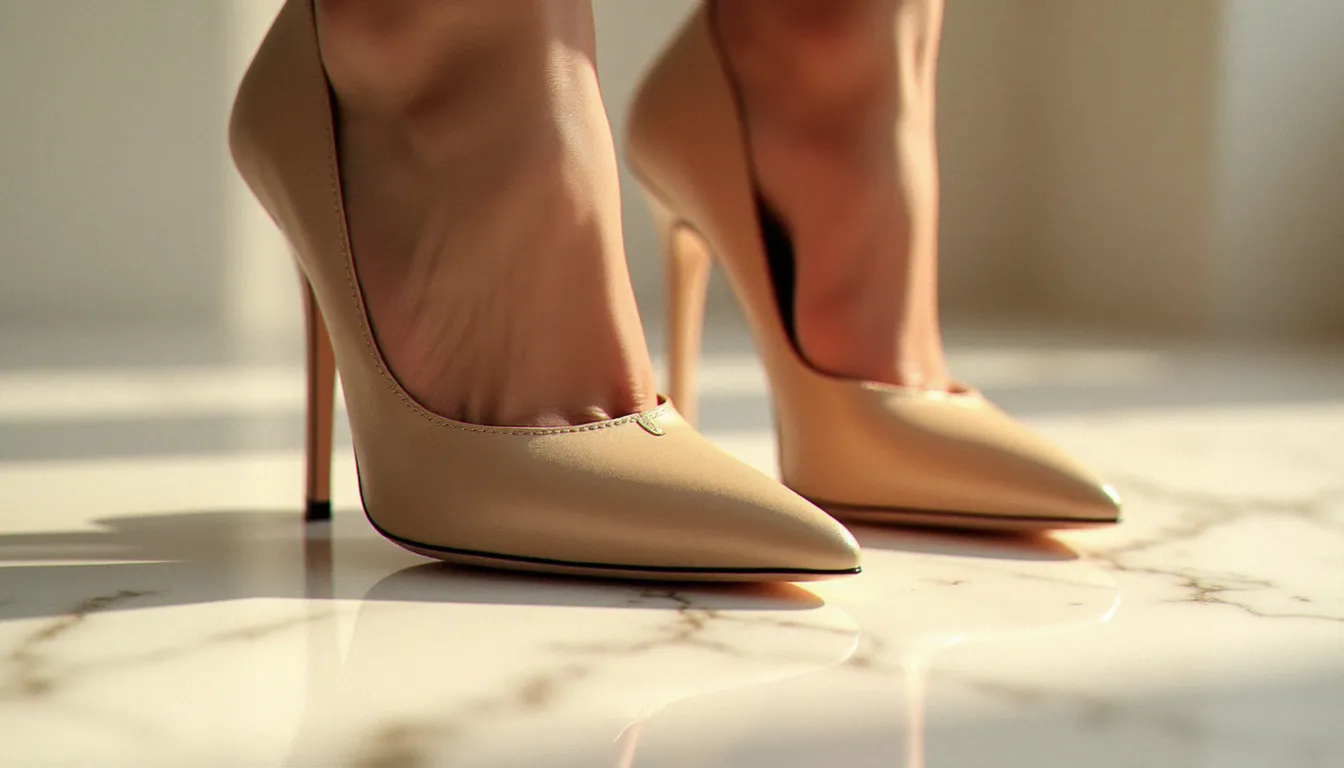Paire de chaussures Dolce Gabbana en cuir lisse posée sur une surface en marbre blanc, éclairage doré mettant en valeur la texture du cuir et le talon aiguille