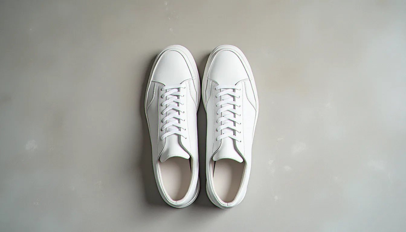 Sneakers homme en cuir blanc avec empiècements contrastants posées sur béton gris, représentant un modèle sneaker luxe masculin