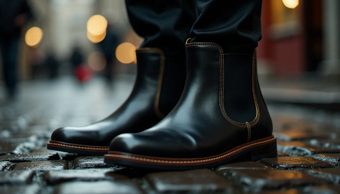 Boot chelsea homme en cuir noir verni avec élastiques dorés sur pavés mouillés en milieu urbain, style chaussure de luxe masculine