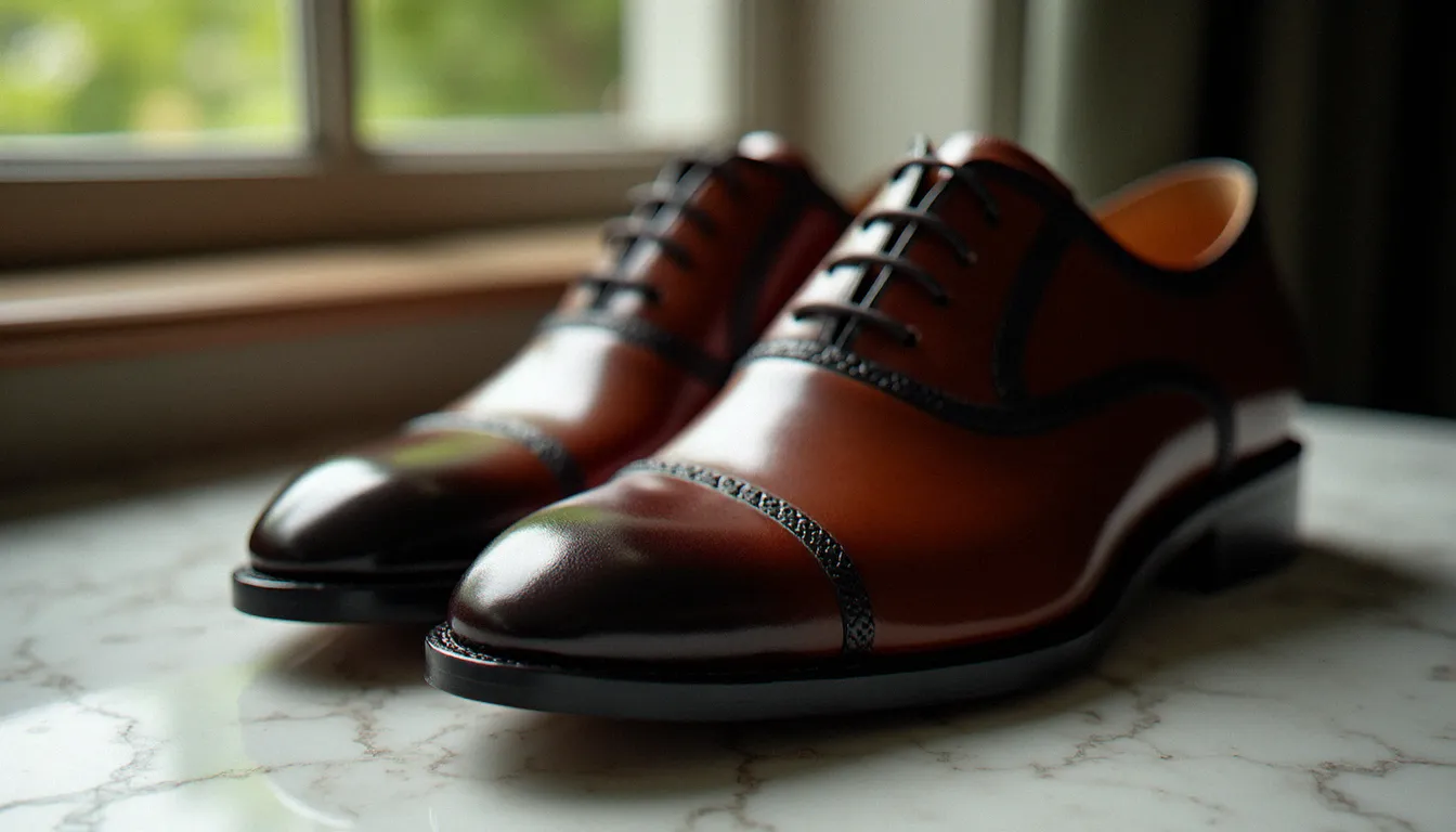 Chaussure habillée pour homme en cuir de veau marron foncé poli, posée sur une surface en marbre, illustrant le style de la chaussure Dolce Gabbana homme
