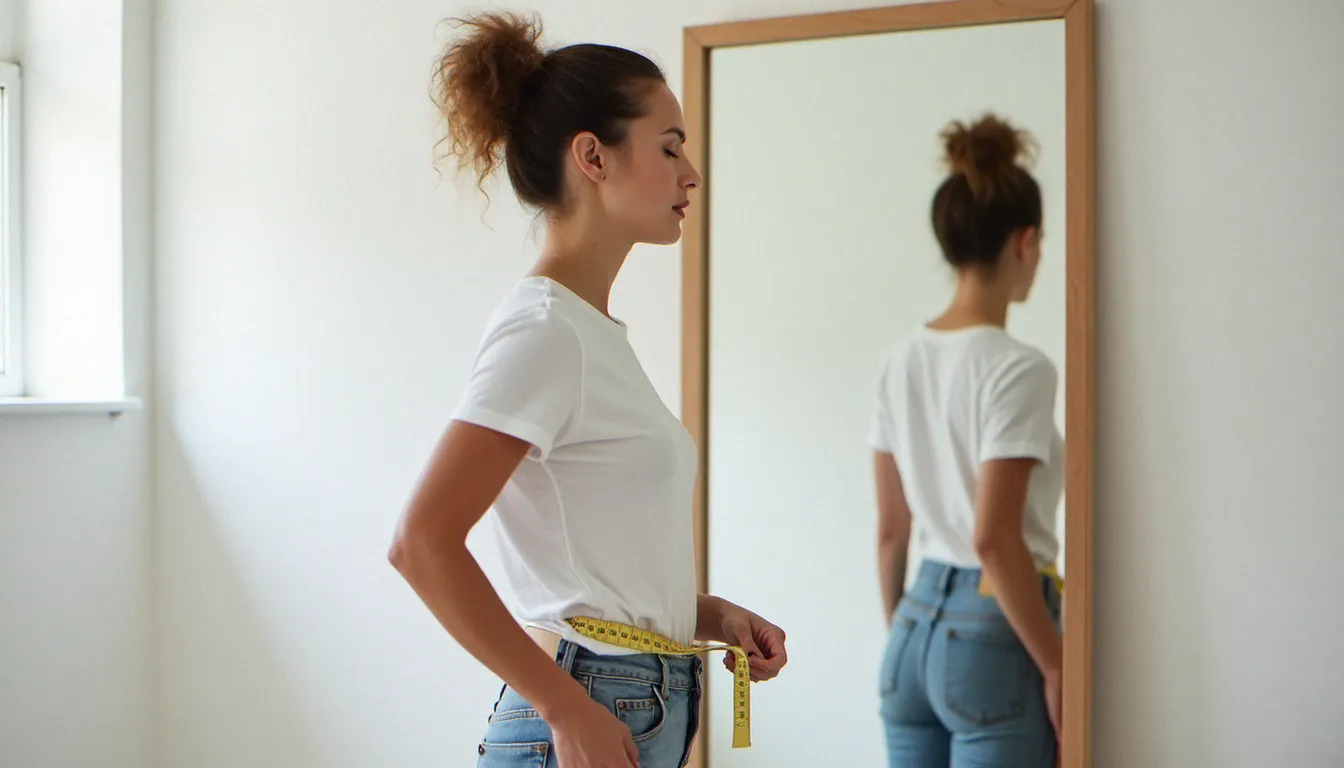 Femme prenant ses mensurations avec un mètre ruban autour de la taille pour choisir la bonne taille de survêtement
