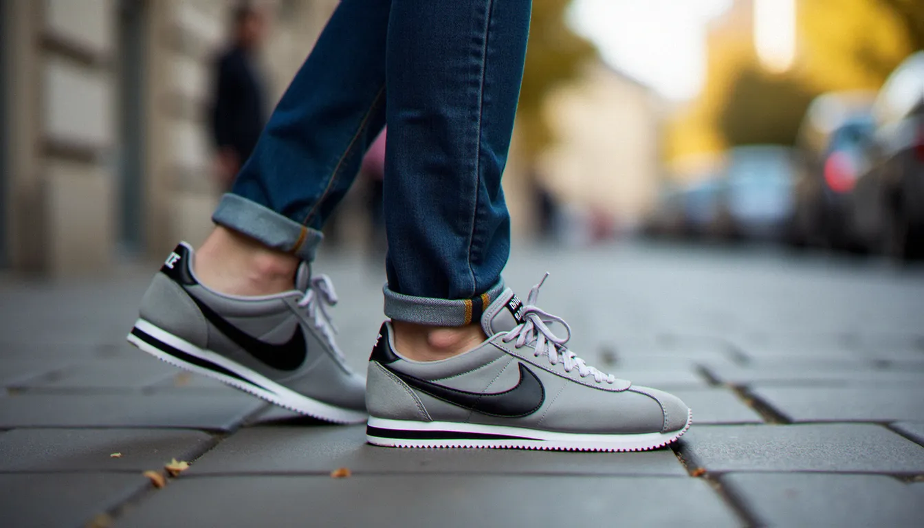 Cortez grise portée avec un jean droit indigo dans une rue parisienne en lumière automnale naturelle