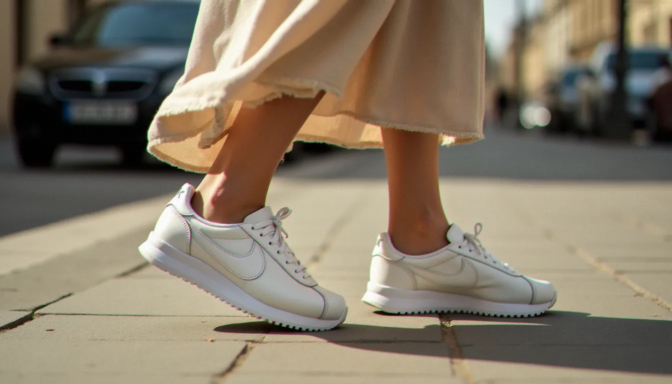 Cortez Ultra Moire blanc porté avec une jupe midi en lin beige dans un contexte de street style parisien