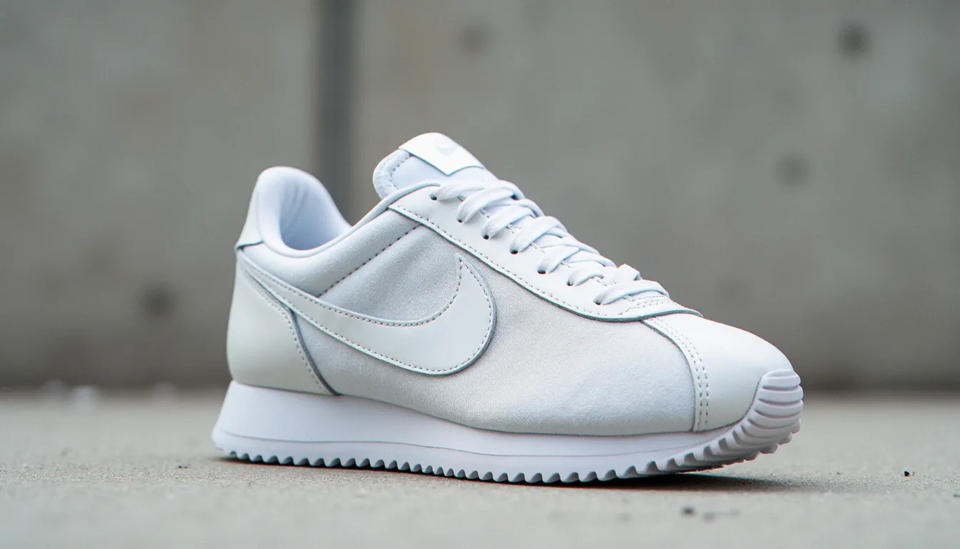 Cortez Ultra Moire blanc en vue de profil, texture mesh moirée ondulée visible à la lumière naturelle