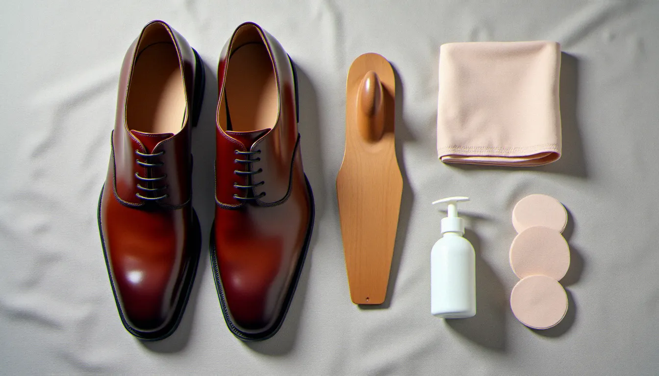 Kit d'entretien pour chaussures en cuir verni posé à plat : chiffon microfibre, cotons, lait micellaire et embauchoir en bois de cèdre sur tissu gris clair