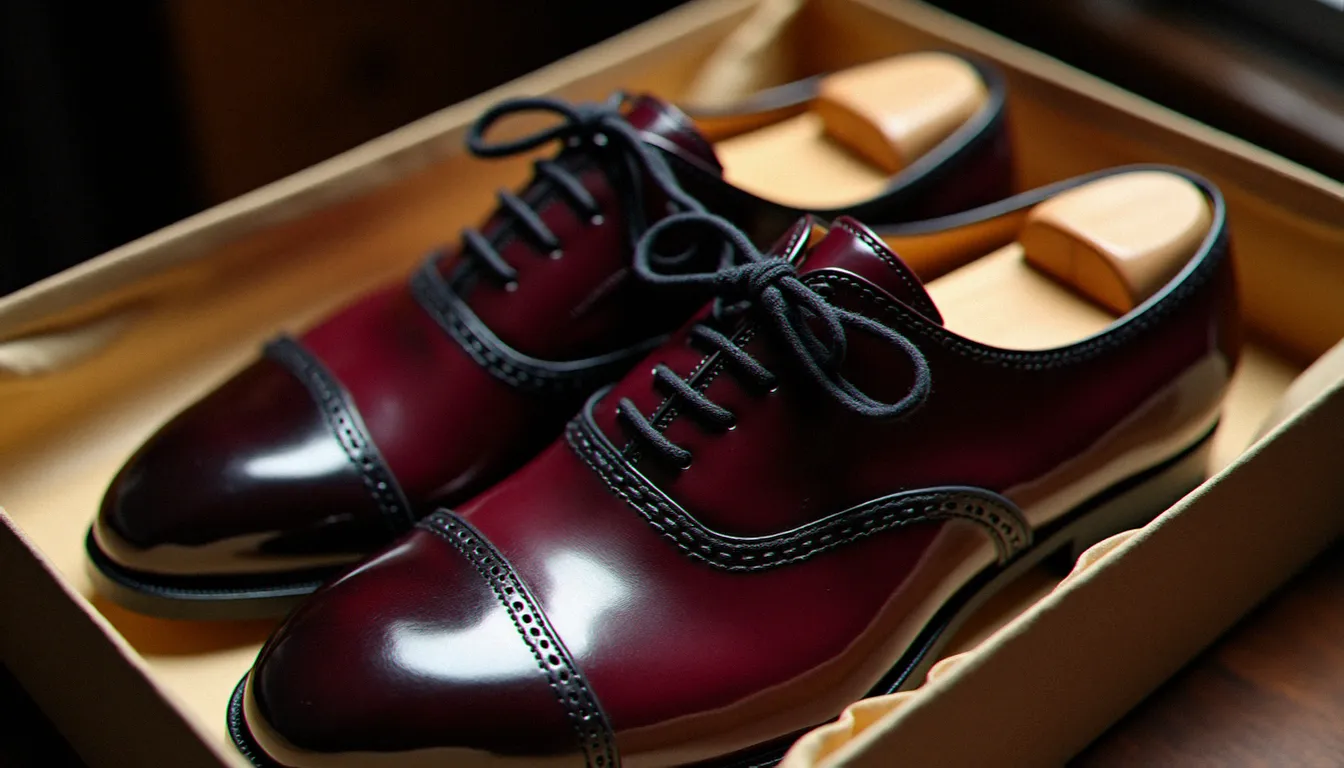 Embauchoirs en bois de cèdre insérés dans des chaussures Oxford en cuir verni bordeaux rangées dans leur boîte d'origine, éclairage intérieur doux