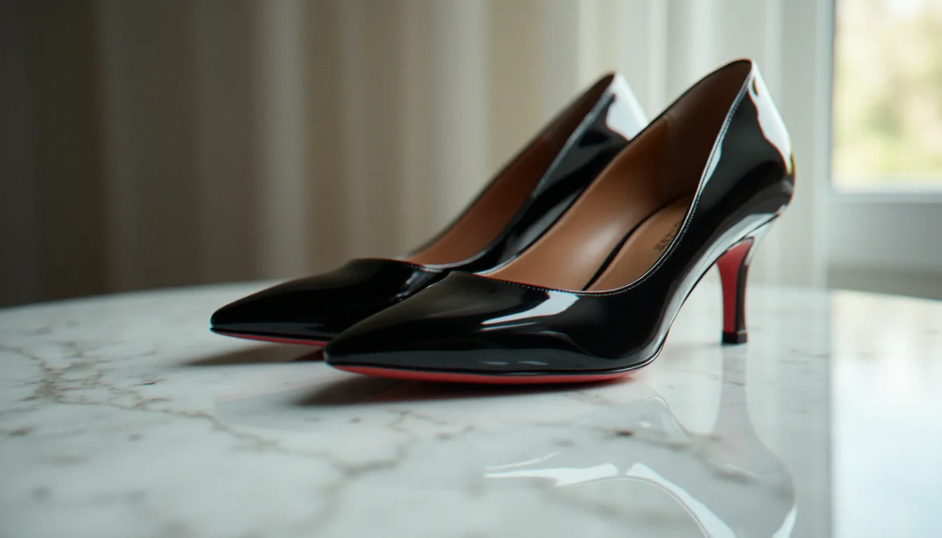 Paire d'escarpins en cuir verni noir brillant posée sur un plan en marbre blanc, illustrant l'entretien des chaussures en cuir verni