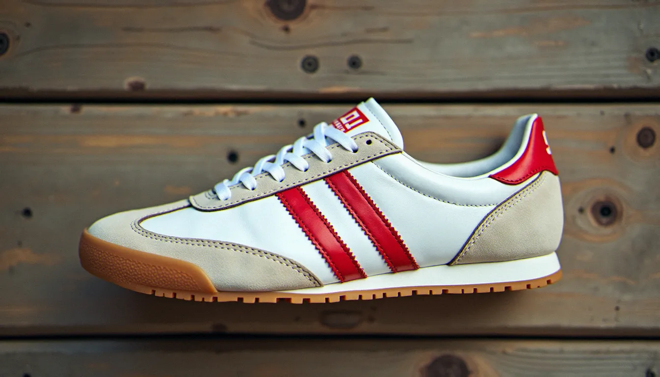 Vue à plat d'une sneaker running en cuir blanc vintage avec détails rouges, sur bois patiné, illustrant la construction originale de la Nike Cortez