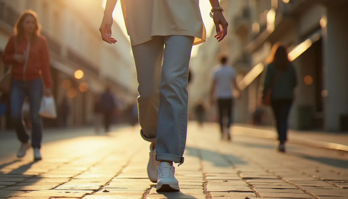 Femme portant des sneakers rétro blanches en cuir avec jean mom et t-shirt oversize dans une rue parisienne, look streetwear inspiré du style Cortez