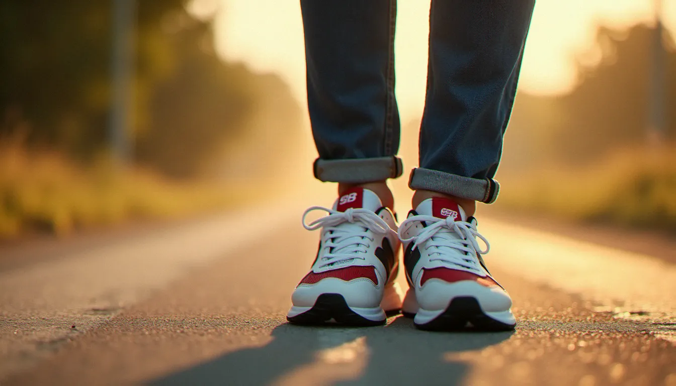 Paire de baskets running cuir blanc rouge sur route poussiéreuse, évoquant le style Forrest Gump Cortez des années 1970