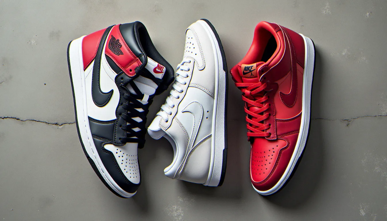 Trois modèles Nike iconiques posés à plat sur béton — Air Jordan 1, Blazer Mid et Dunk Low — dans différents colorways représentatifs de l'image swag Nike