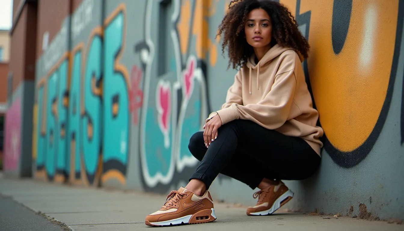 Jeune femme en tenue streetwear ton sur ton avec Nike Air Max 90 appuyée contre un mur graffé, illustrant une image swag Nike coordonnée en couleurs neutres