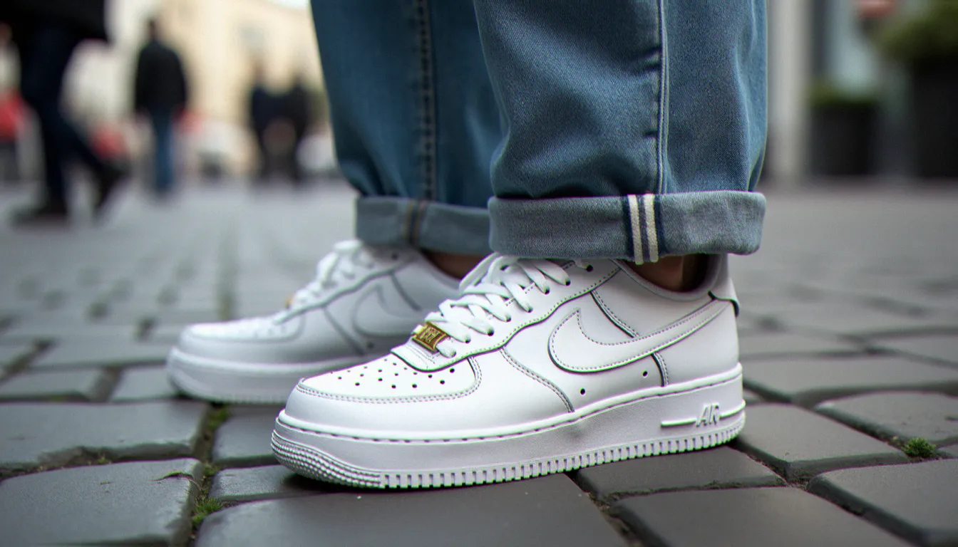 Paire de Nike Air Force 1 blanches portées dans une rue parisienne, style image swag Nike avec jean wide leg et lumière naturelle