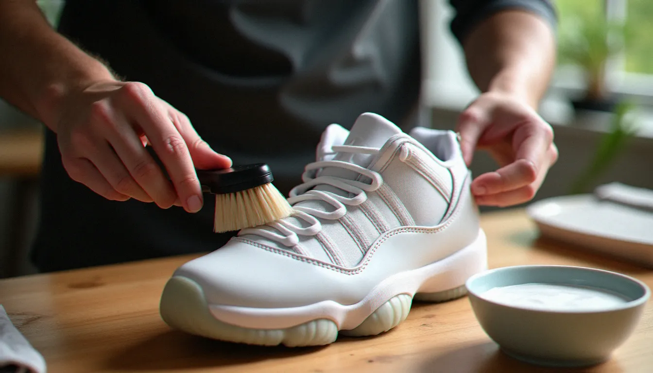 Entretien d'une Jordan 11 blanche basse avec une brosse douce et de l'eau savonneuse sur une table en bois