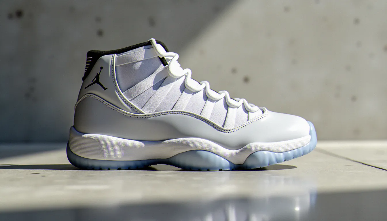 Paire de Jordan 11 blanche Concord posée sur béton, avec le cuir verni et la semelle translucide bien visibles