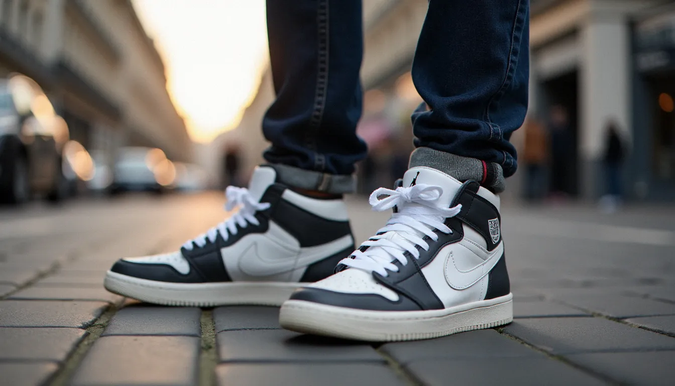 Paire de Jordan Retro 9 Cool Grey portée avec un jean slim indigo dans une rue parisienne en fin de journée, vue cadrée au mollet
