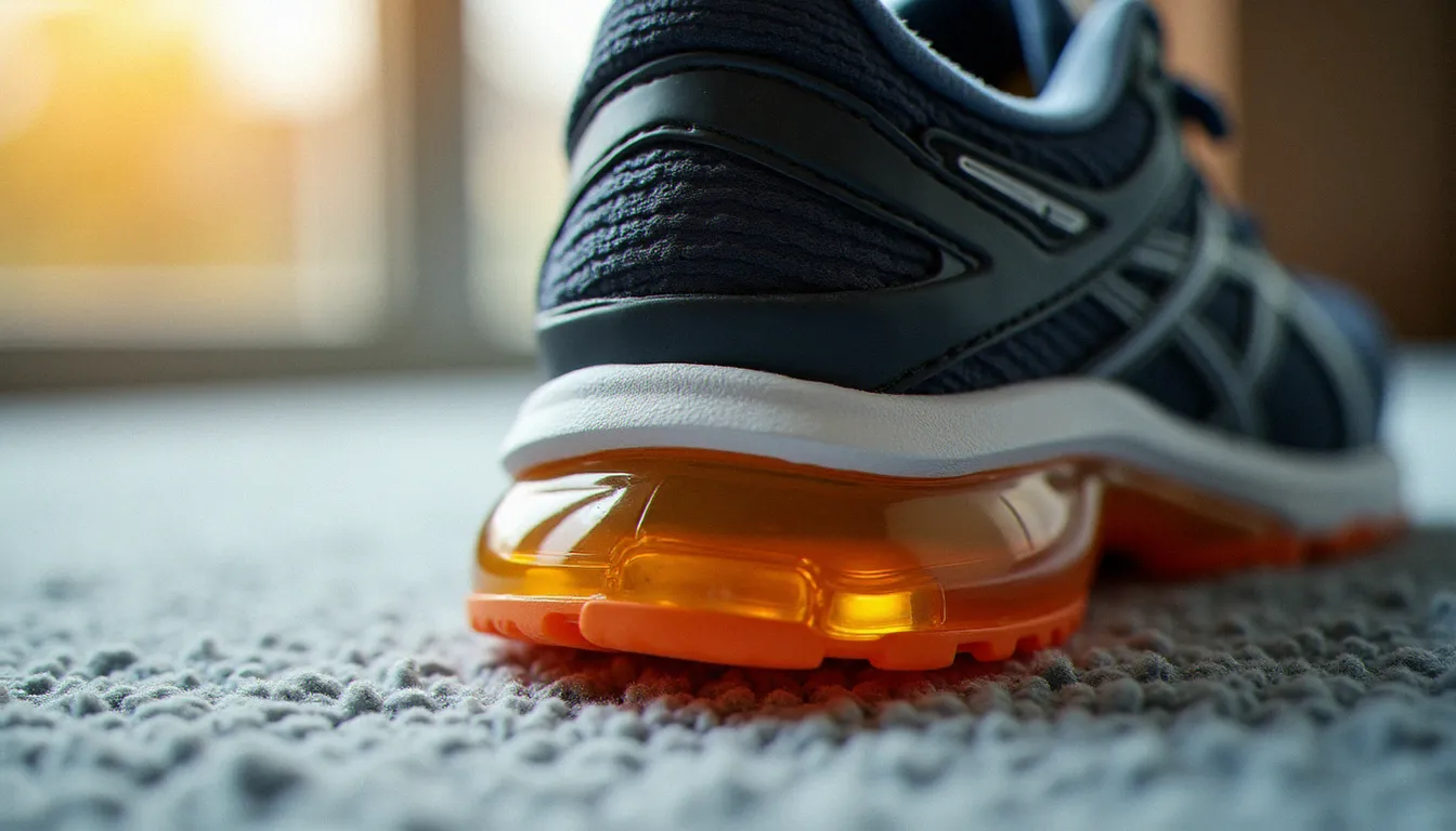Gros plan sur la technologie GEL en talon d'une chaussure running Asics Kinsei 5, mettant en évidence la poche d'amorti translucide caractéristique du modèle
