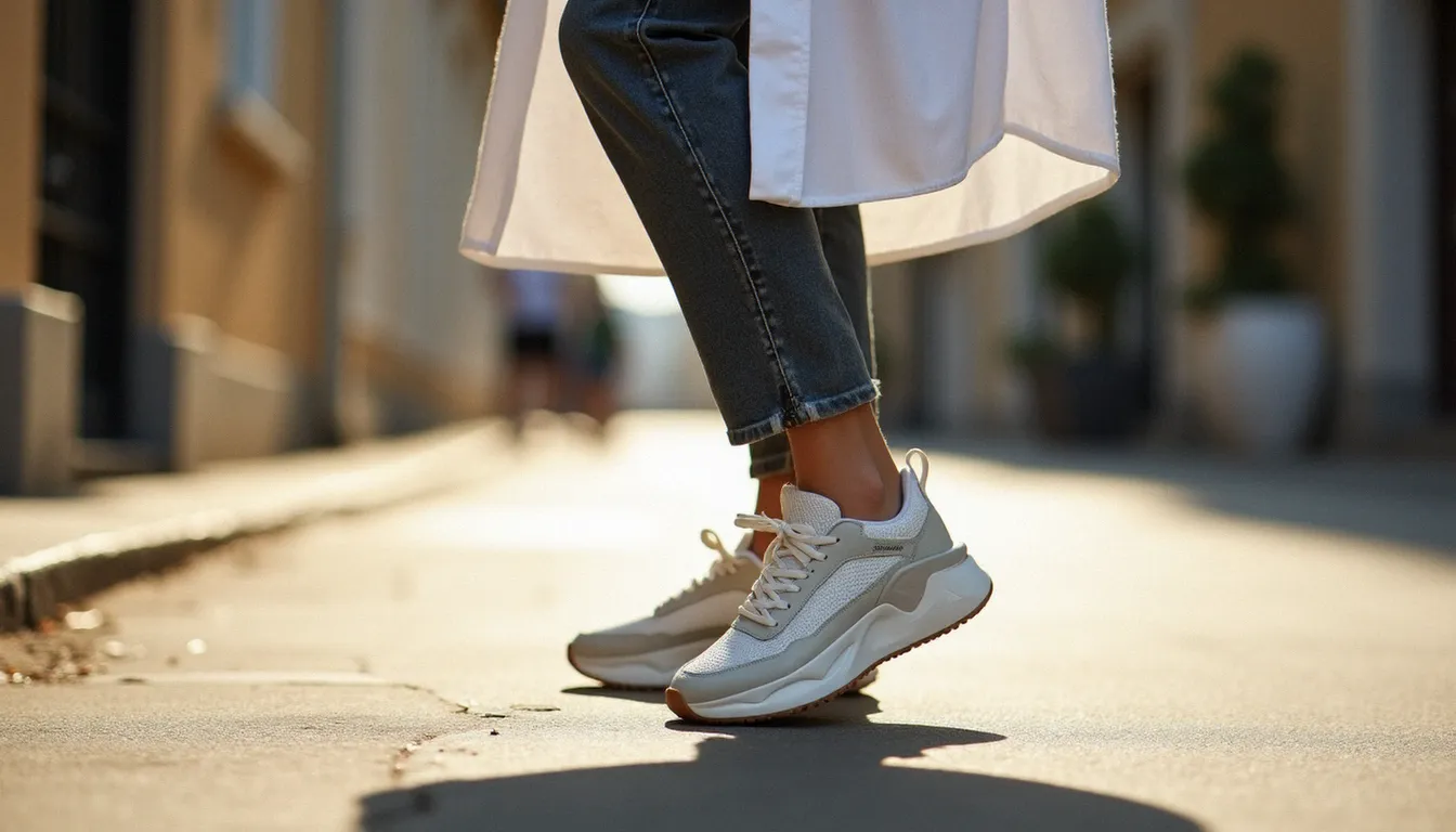 Look lifestyle urbain avec une basket running volumineuse blanche à semelle épaisse portée avec un jean droit stone wash, illustrant le potentiel style quotidien du Kinsei 5