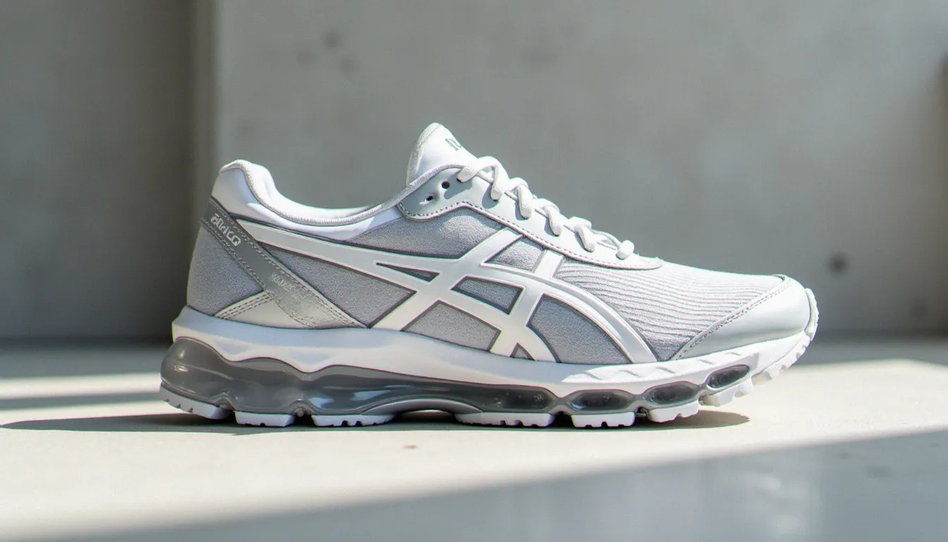 Vue latérale d'une basket running premium Asics Kinsei 5 avec semelle épaisse et tige technique FluidFit, posée sur une surface en béton clair dans une lumière naturelle douce