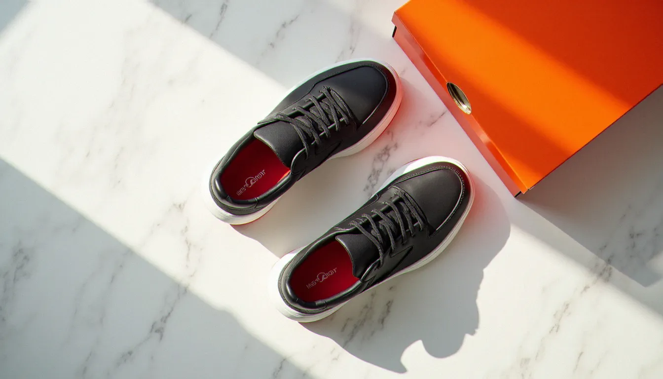 Vue à plat d'une sneaker de luxe homme semelle rouge et boîte orange sur marbre blanc