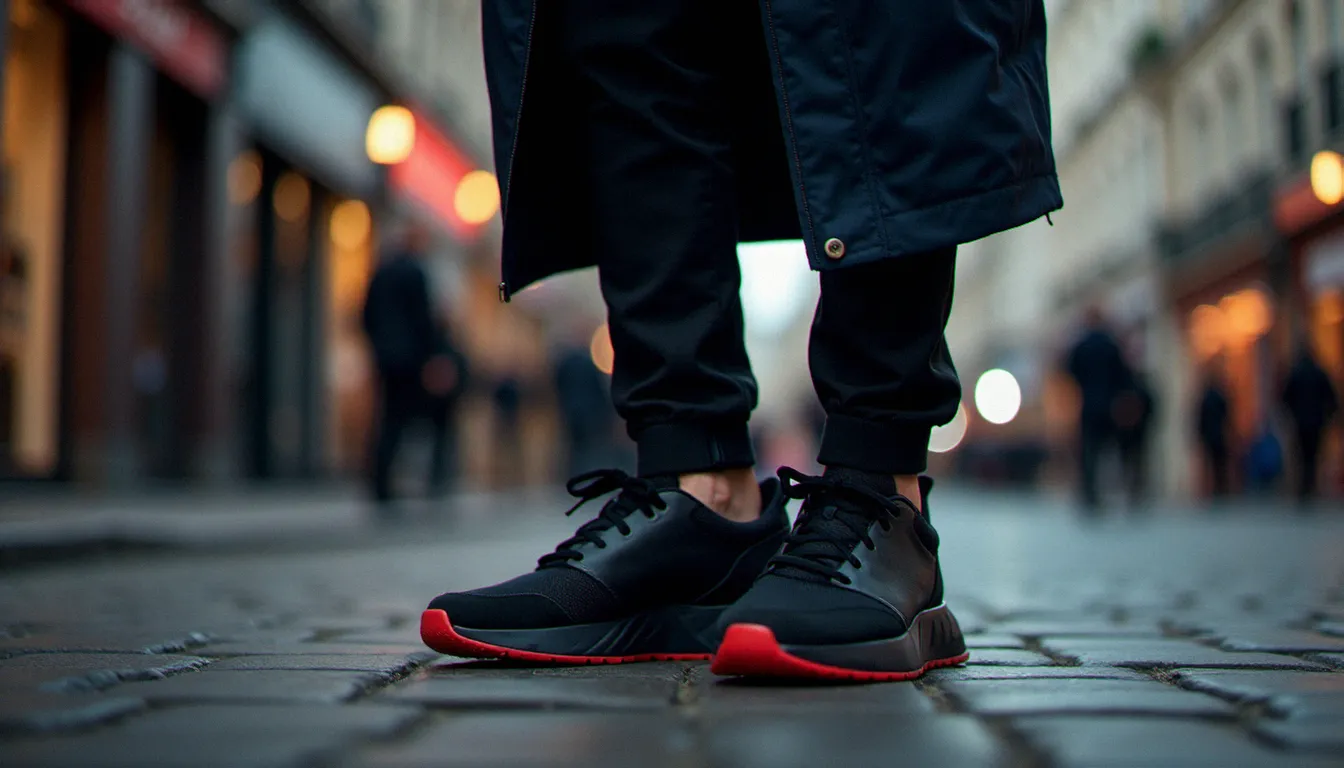 Sneakers de luxe semelle rouge portées avec un pantalon noir sur pavés parisiens au crépuscule