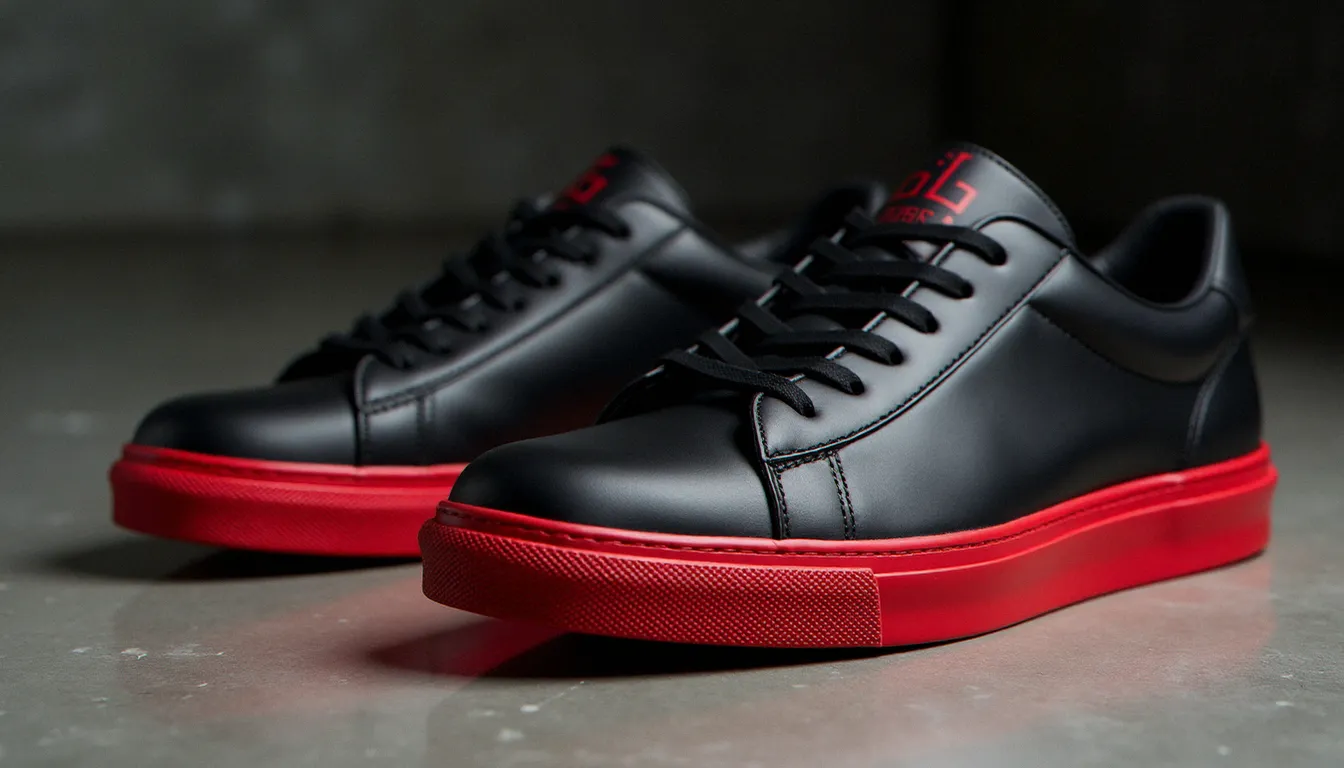 Louboutin basket homme en cuir noir avec semelle rouge laquée posée sur béton poli, vue de trois quarts