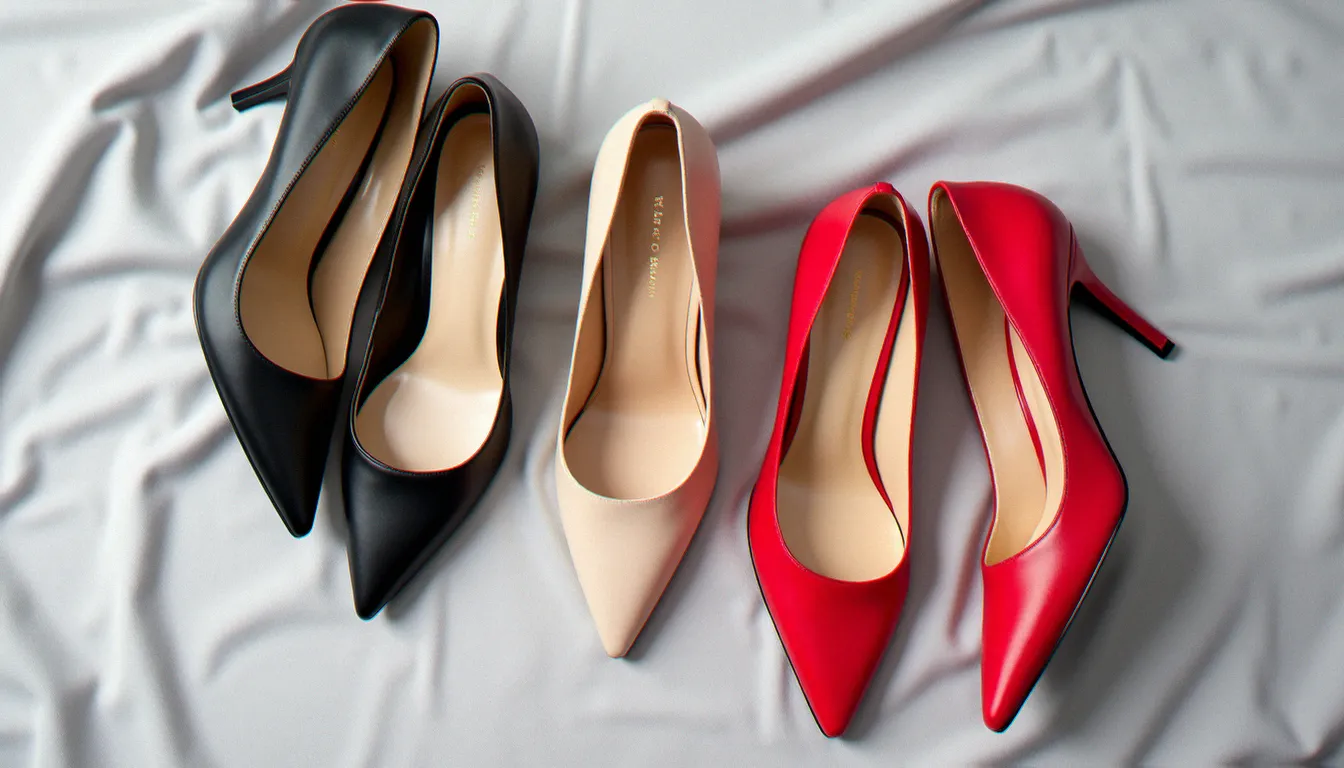 Trois paires d'escarpins à talon aiguille en noir, nude et rouge disposées à plat sur fond gris texturé, vue de dessus
