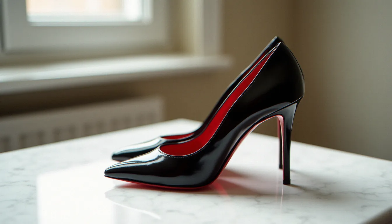 Paire d'escarpins louboutin à bout pointu avec semelle rouge laquée posée sur du marbre blanc, lumière naturelle douce