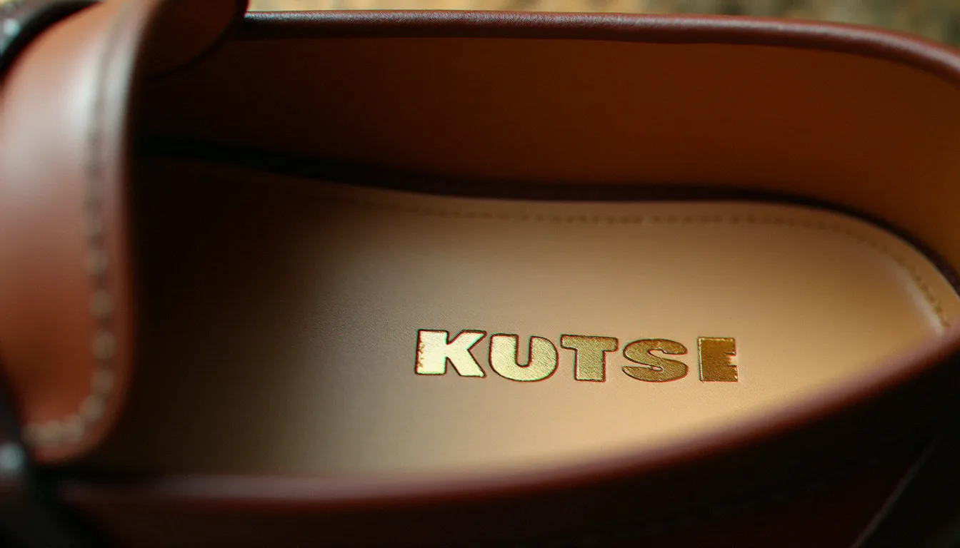 Intérieur d'un mocassin de luxe montrant l'empiècement en cuir crème avec marquage embossé caractéristique des chaussures haut de gamme