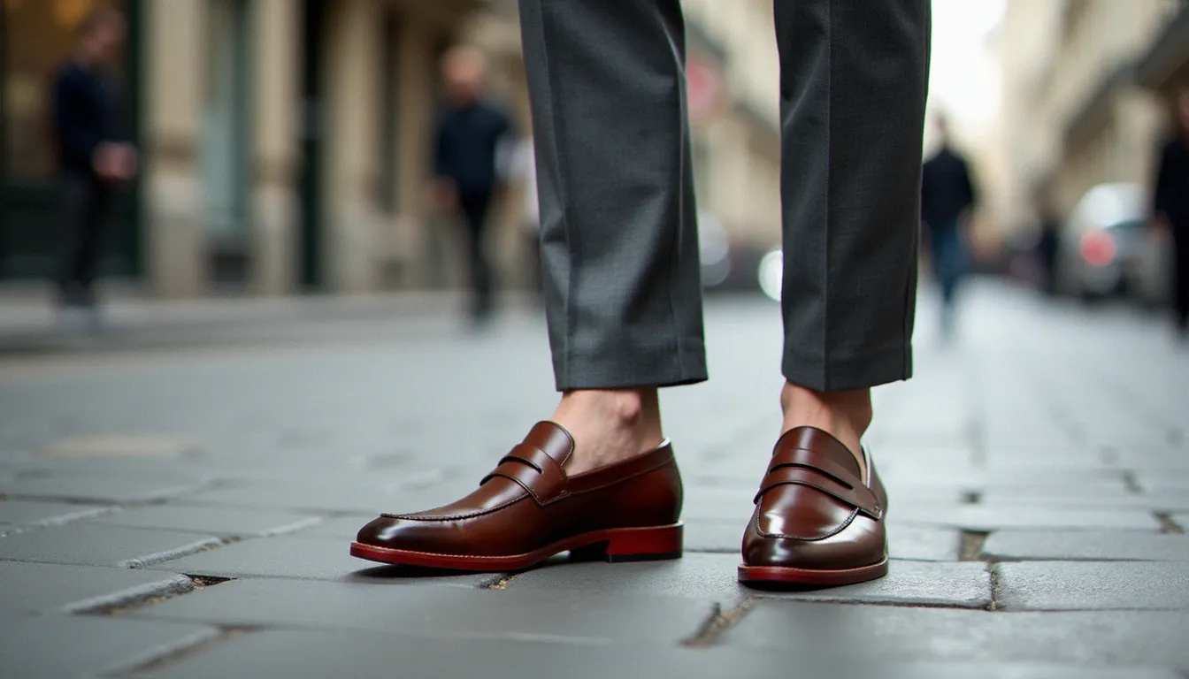 Styling pantalon tailleur gris avec mocassin louboutin en cuir marron à semelle rouge sur pavé parisien