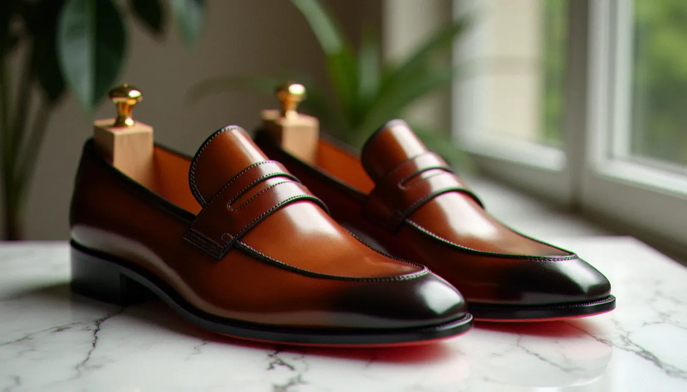 Mocassin Louboutin en cuir marron avec semelle rouge laquée posé sur une surface en marbre blanc