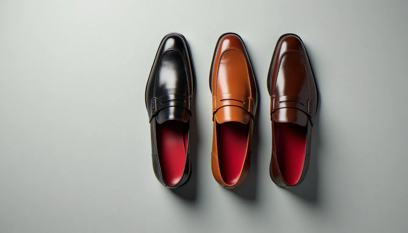 Vue de dessus de deux mocassins homme aux styles différents, l'un en cuir noir verni et l'autre en cuir grainé taupe, semelle rouge visible