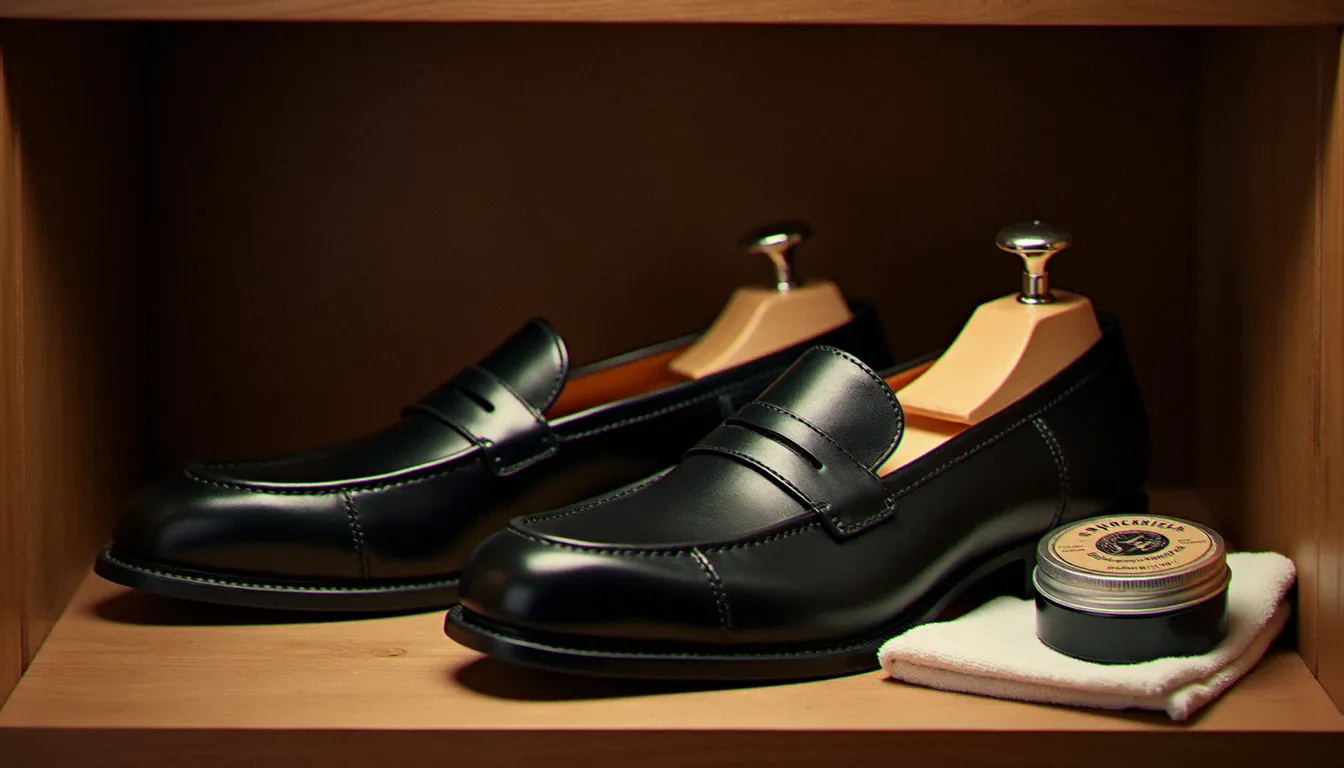 Mocassin homme en cuir noir sur une étagère en bois, accompagné d'un embauchoir en cèdre et d'une crème d'entretien pour cuir