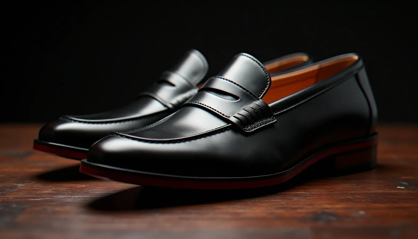 Paire de mocassins homme en cuir noir avec semelle rouge, posée sur une surface en bois sombre, éclairage studio