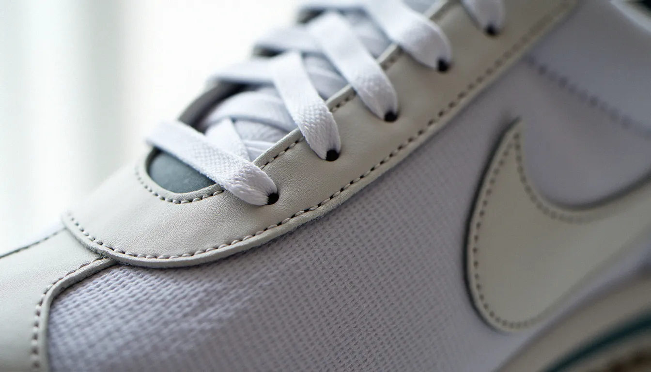 Gros plan sur le tissu mesh moire d'une Nike Cortez Ultra Moire, révélant l'effet ondulé du tissage sous lumière naturelle douce