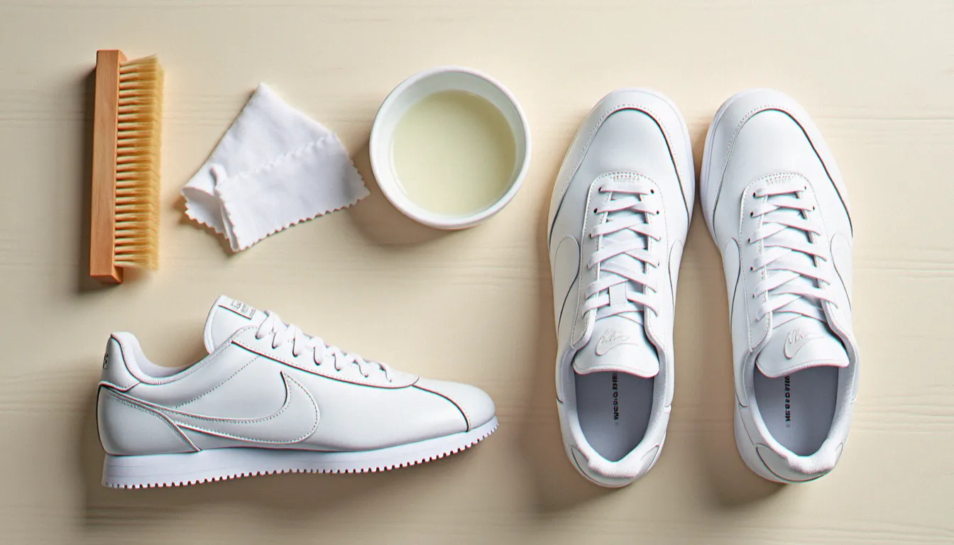 Kit d'entretien pour Nike Cortez Ultra Moire : brosse douce, eau savonneuse et chiffon microfibre posés à côté des sneakers blanches sur bois clair